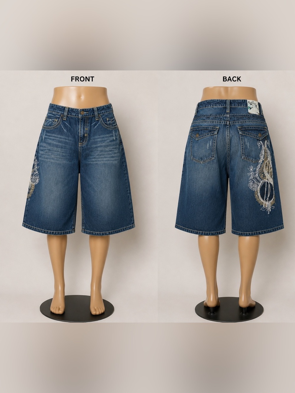 Ruthless Art Y2K Baggy Denim Shorts Men's Blue Gold Embroidered Jorts Vintage 38